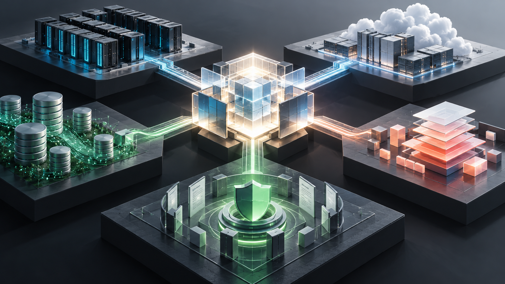 A luminous modular AI model core connects to separate platforms representing compute, cloud infrastructure, data, applications and governance.